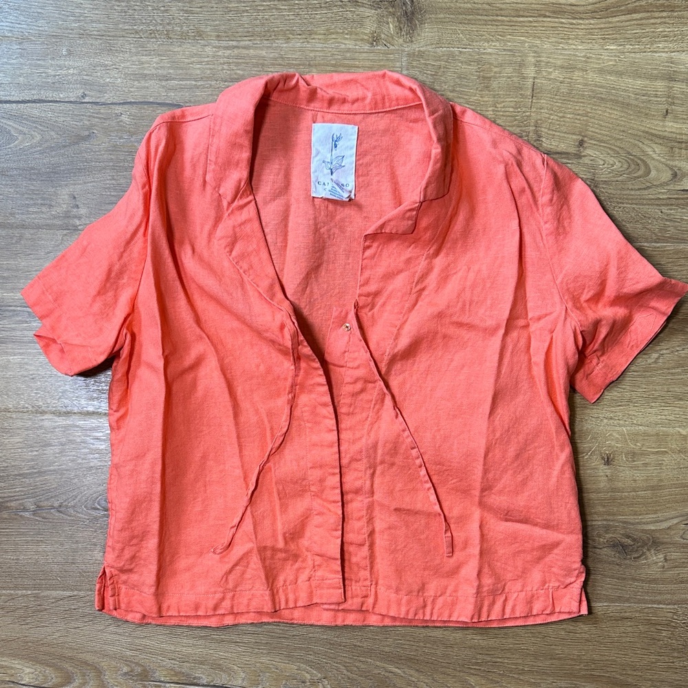 Calypso St. Barth 100% Linen Coral Button-Down Short Sleeve Top Medium